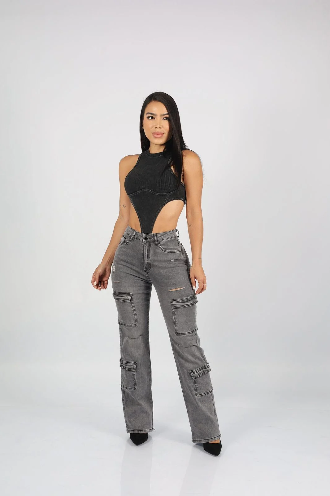 Jeans Cargo Paris Gris Destroyed