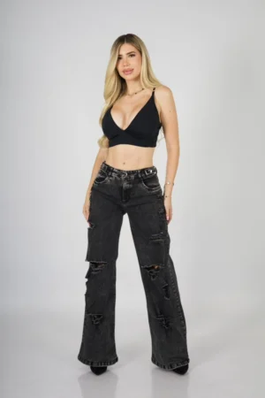 Jeans Wide Leg black destroyed - Vista 2