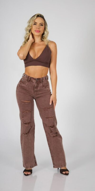 Jeans Wide Leg ajustable destroyed Coffee