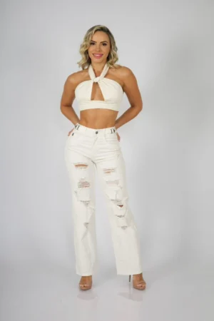 Jeans Wide Leg ajustable destroyed Cloud Dancer - Vista 1
