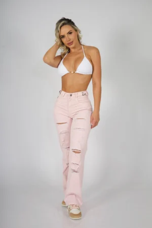 Jeans Wide Leg ajustable destroyed Rose - Vista 2