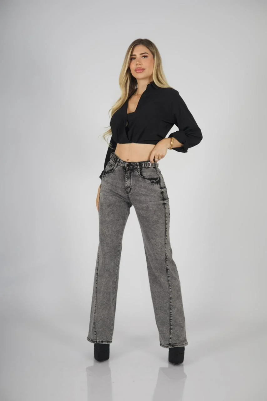 Jeans Wide Leg gris Destroyed ajustable - Vista 3