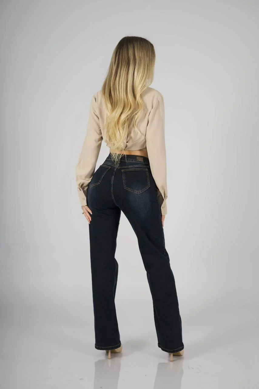 Jeans Cross Waist Straight Leg Black Blue - Vista 4