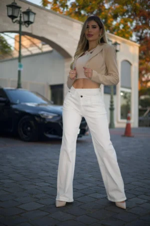 Jeans Cross Waist Straight Leg White - Vista 4