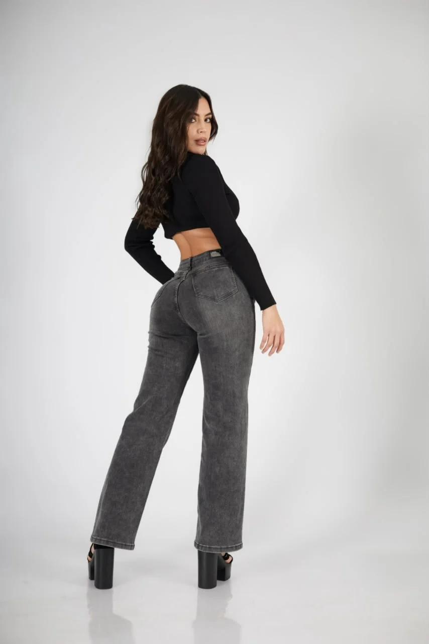 Jeans Cross Waist Straight Leg Dark - Vista 3